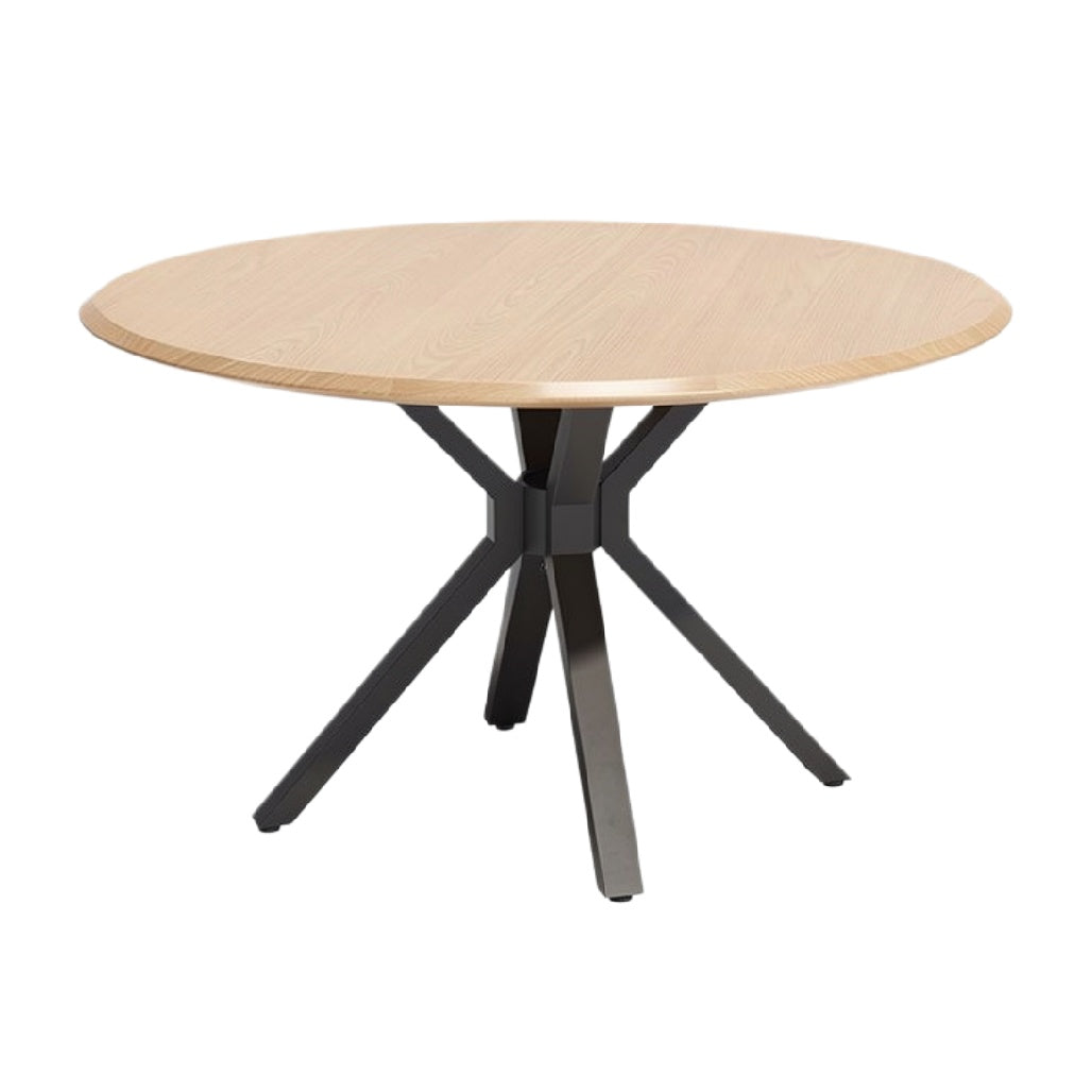 Ronde houten tafel met zwart metalen onderstel