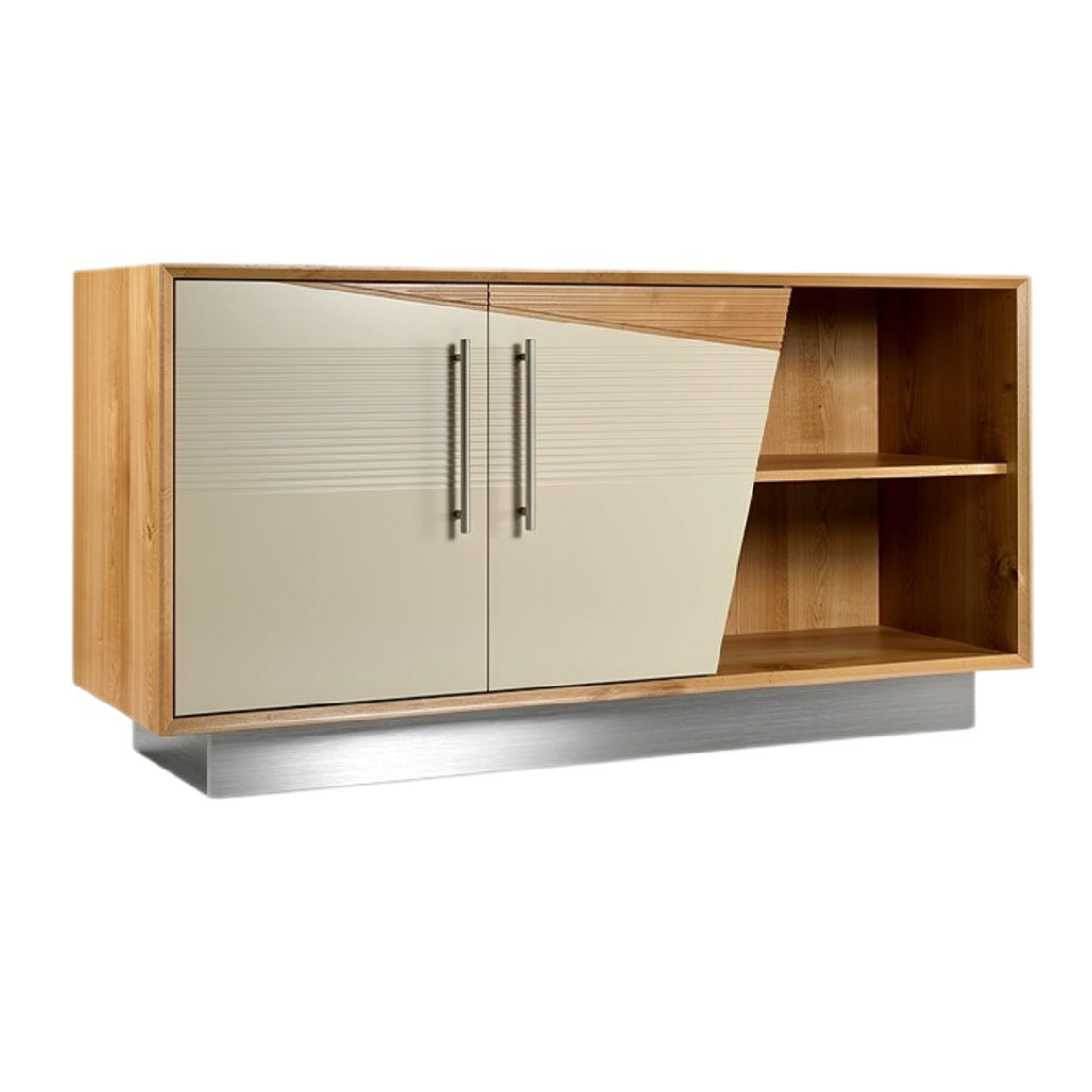 Moderne dressoir met houten afwerking en glazen deuren