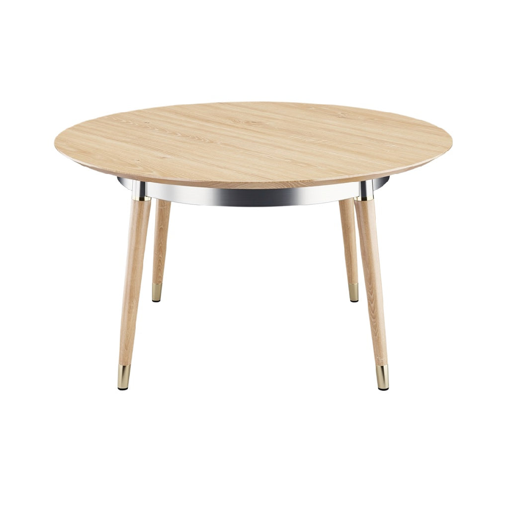 Eenvoudige ronde houten tafel met metalen rand en lichte poten